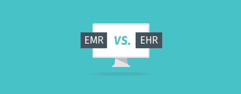 A computer monitor displays the text "EMR vs. EHR" on a turquoise background, illustrating a comparison between electronic medical records and electronic health records.