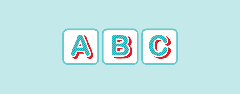 Three stylized blocks with the letters A, B, and C in blue and red on a light blue background.