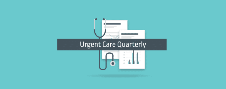 A stethoscope and medical charts are shown behind a gray banner with the text "Urgent Care Quarterly" on a teal background.