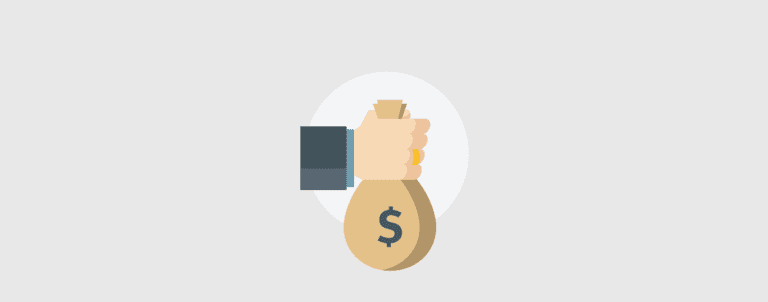 Illustration of a hand holding a money bag with a dollar sign on it, set against a light gray background.