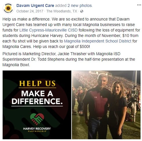 Davam Urgent Care example of community involvement with social post for their flu shot drive