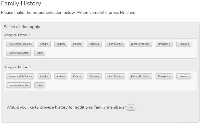 Family history screen in the Practice Velocity eRegistration system