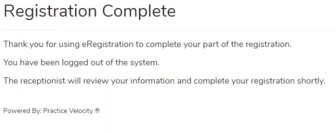 Registration Complete screen in the Practice Velocity eRegistration system