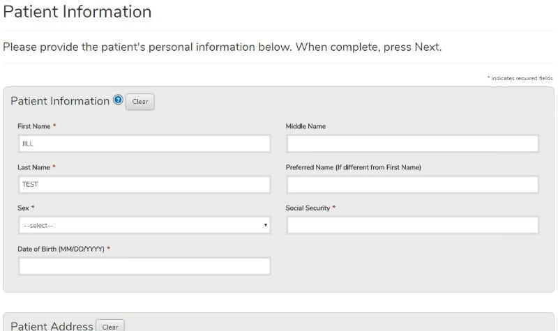 Patient information collection screen in Practice Velocity's eRegistration system