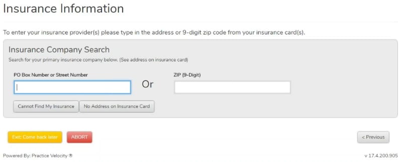 Insurance carrier search form in Practice Velocity's eRegistration system