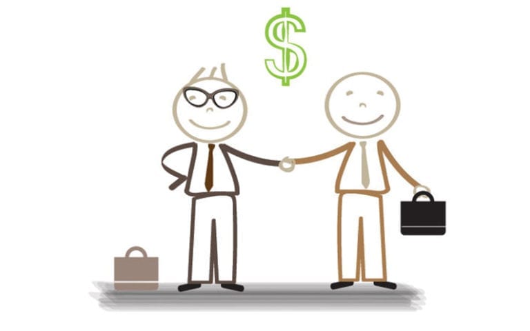 Two stick figure businesspeople wearing ties shake hands, one holding a briefcase. A large green dollar sign appears above them, suggesting a financial agreement or business deal.