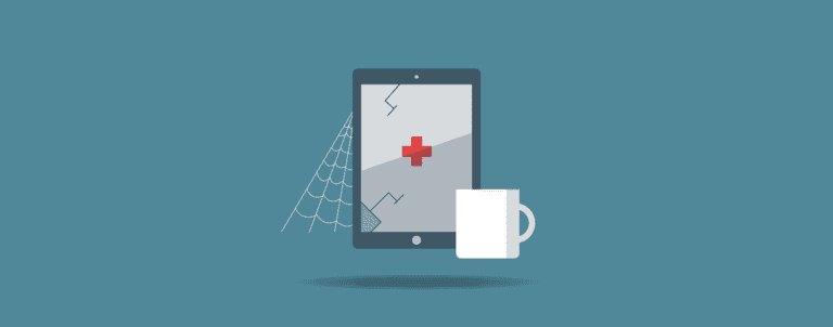 An illustration of a cracked tablet with a red medical cross on the screen, a coffee mug in front, and a spiderweb on the left side, set against a blue background.