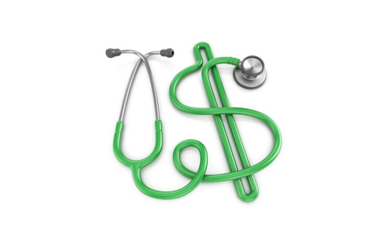 A green stethoscope arranged to form a dollar sign on a white background.