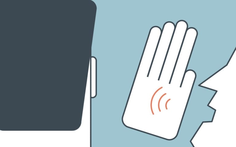 Illustration of a person holding a smartphone near a raised hand with sound waves, facing a human profile on a blue background.