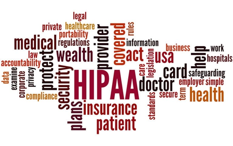 A word cloud featuring terms related to HIPAA, such as medical, insurance, patient, protect, security, provider, health, compliance, and regulations.
