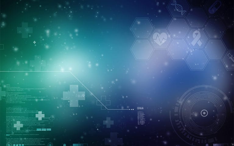 Abstract digital background featuring hexagons with healthcare icons, medical symbols, and a DNA sequence overlayed on a blue-green gradient with light particles.