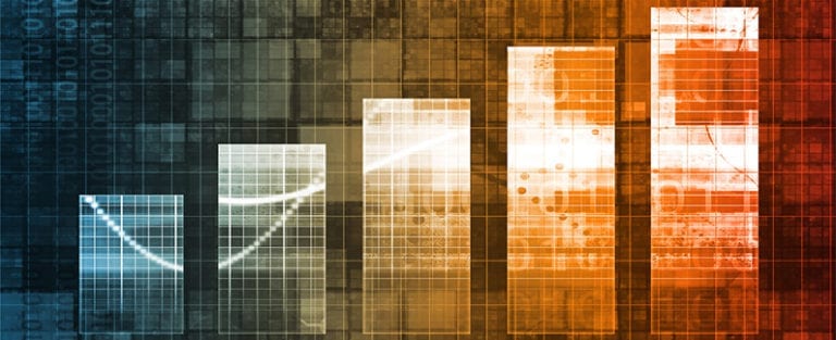 A digital bar graph with five vertical bars of varying heights on a grid background, featuring blue and orange gradient colors and abstract data patterns.