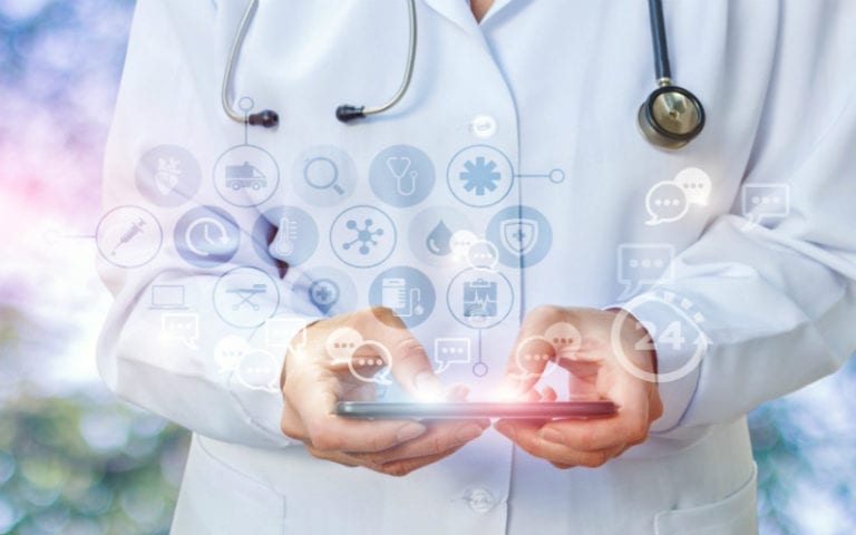 A doctor in a lab coat uses a smartphone, with floating medical and technology icons representing healthcare and digital communication.