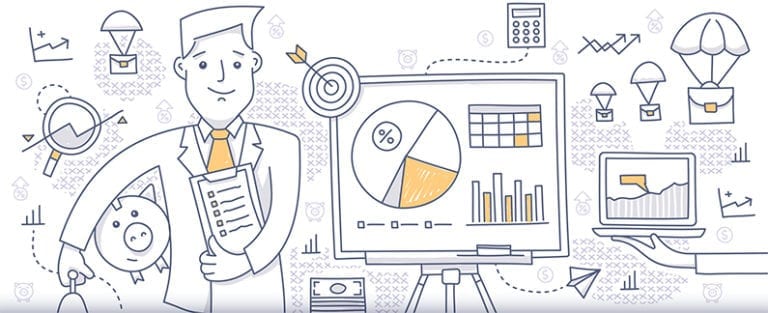 Cartoon of a businessperson holding a piggy bank and checklist, surrounded by charts, graphs, money icons, and marketing symbols.