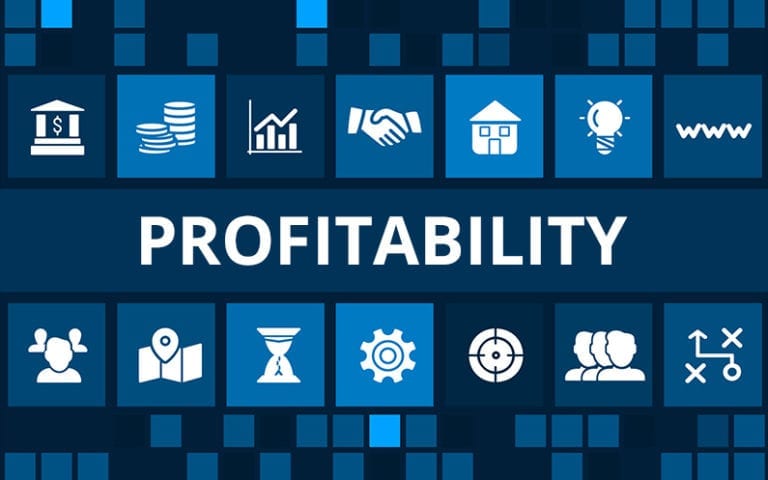 Blue and dark blue graphic with icons representing business concepts such as finance, growth, ideas, and strategy, with the word "PROFITABILITY" in bold white letters in the center.