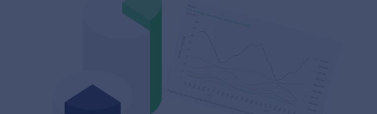 A line graph with multiple trend lines is displayed at an angle, partially obscured by geometric shapes in the foreground.