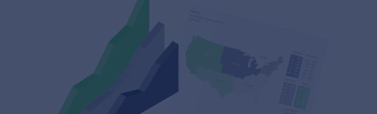 A 3D area graph is shown on the left, with a color-coded map of the United States and data tables displayed on the right.
