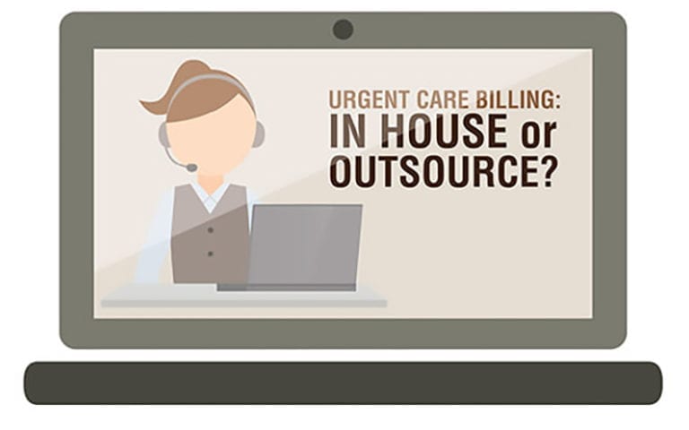 Illustration of a person with a headset in front of a laptop, with text: "Urgent Care Billing: In House or Outsource?" displayed on the screen.