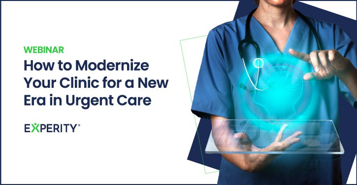 A healthcare professional in scrubs holds a digital tablet with a glowing holographic globe; text promotes a webinar on modernizing clinics for urgent care by Experity.