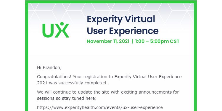 Experity Virtual User Experience - Email Confirmation Screenshot