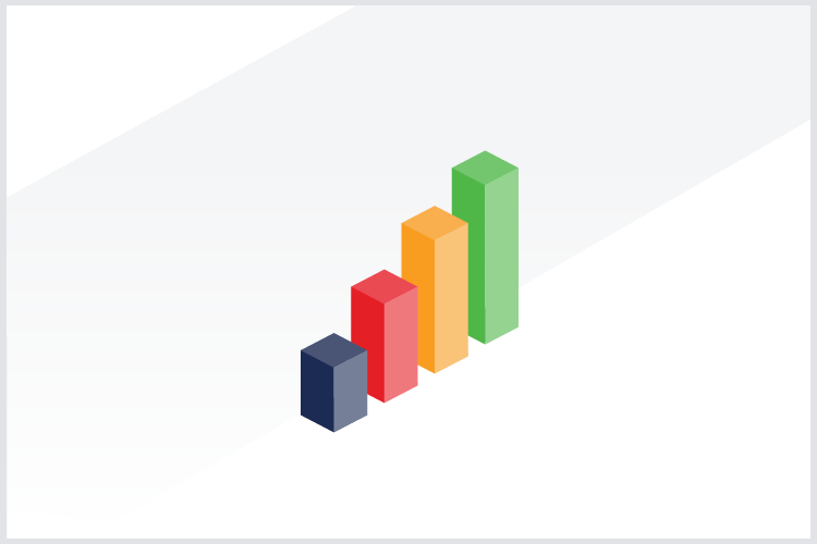 A 3D bar graph with four vertical bars of different heights and colors: dark blue, red, orange, and green, displayed on a white and gray background.