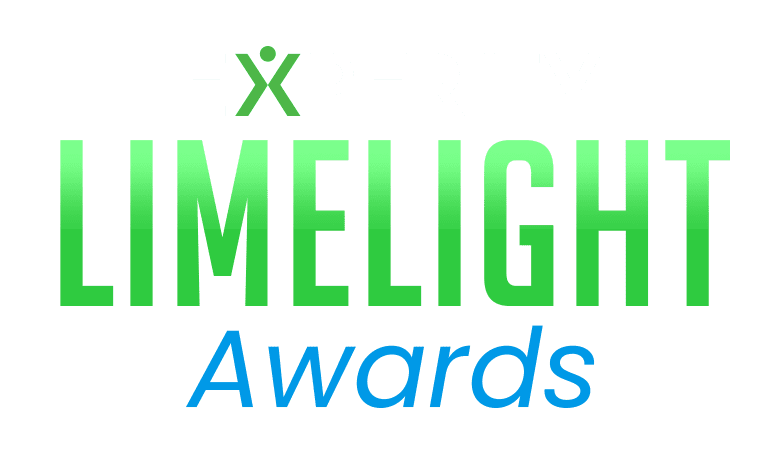 Experity Limelight Awards logo with "Experity" in white, "Limelight" in green gradient, and "Awards" in blue on a light background.