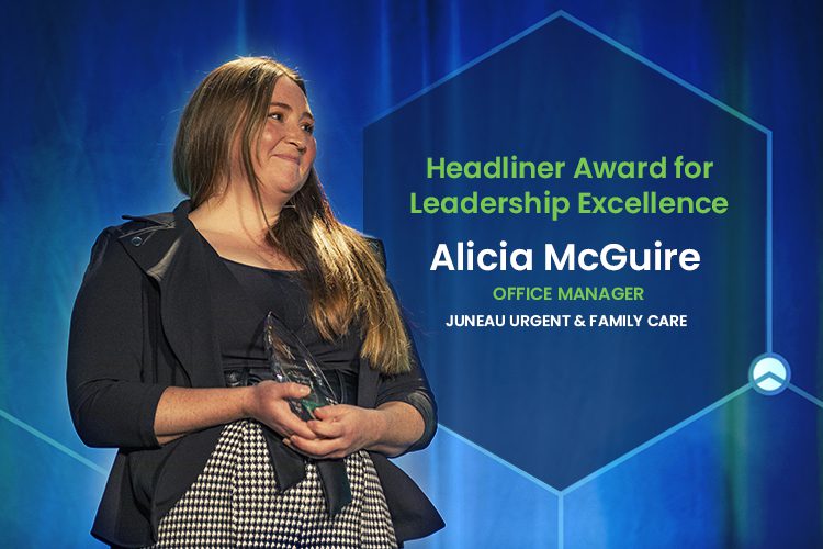 Alicia McGuire accepting a Headliner Award for Leadership Excellence, office manager, Juneau Urgent & Family Care