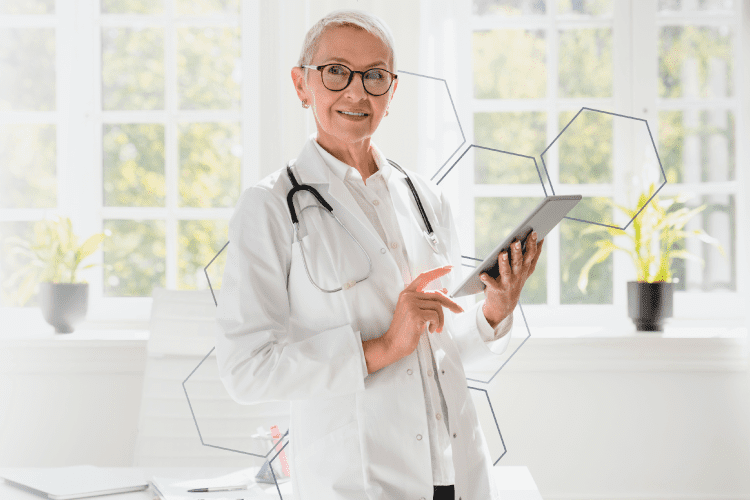 middle aged female doctor in a lab coat with stethoscope