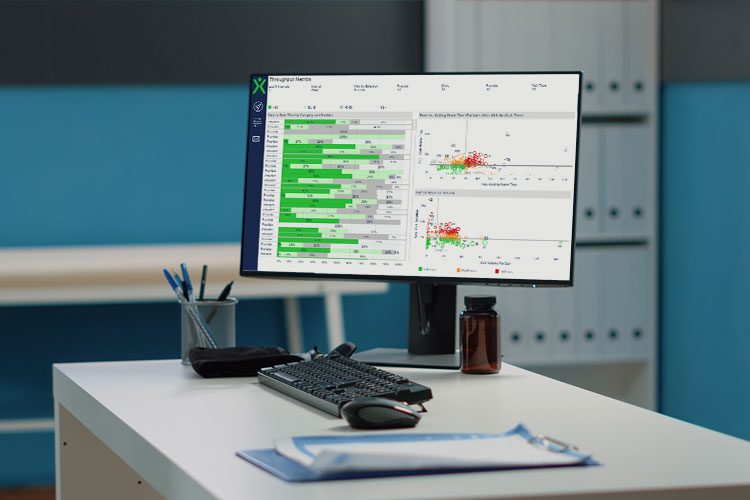 A computer monitor on a white desk displays bar charts and scatter plots; office supplies and a keyboard are also on the desk.