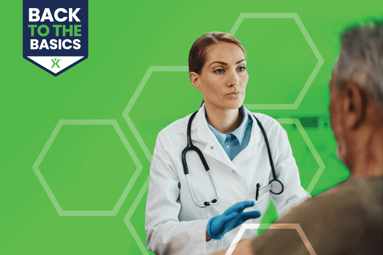 Back to the basics with a green background and a doctor looking at a patient