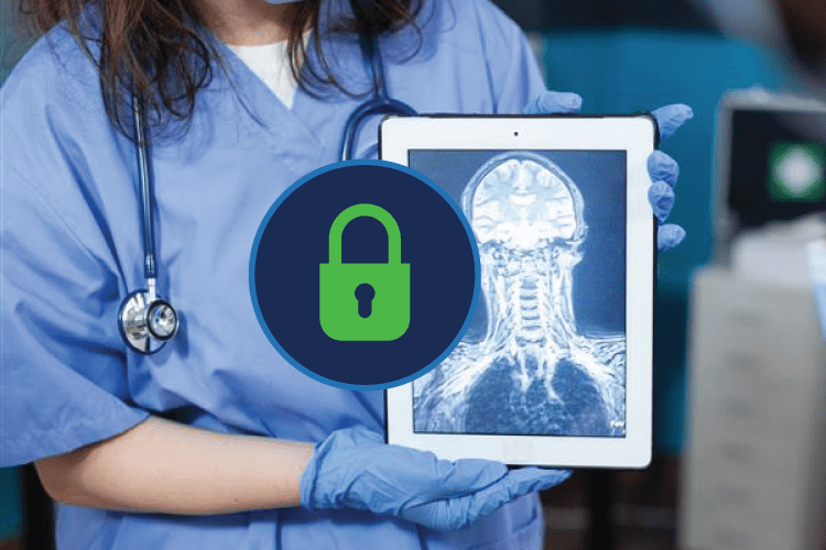 A healthcare worker holds a tablet displaying a head MRI scan, with a graphic of a padlock overlaid, symbolizing data security or privacy protection.