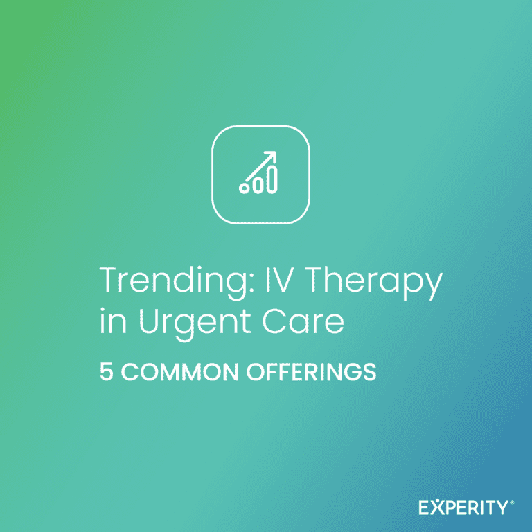Gradient background with an upward arrow icon. Text reads: “Trending: IV Therapy in Urgent Care. 5 Common Offerings.” Experity logo in the bottom right corner.