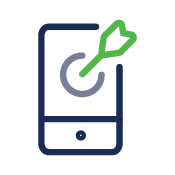 Icon of a smartphone with a green dart hitting a target on the screen, symbolizing mobile accuracy or targeted mobile action.