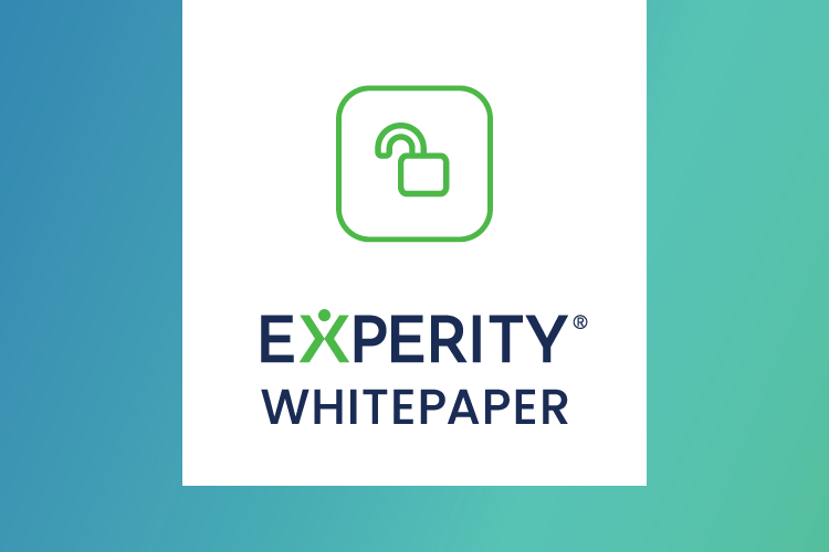 A green unlocked padlock icon above the text "EXPERITY WHITEPAPER" on a white background with a blue-to-teal gradient border.