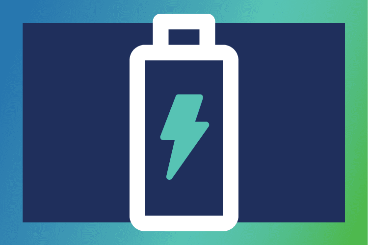 Illustration of a battery with a lightning bolt symbol inside, set against a blue and green gradient background.