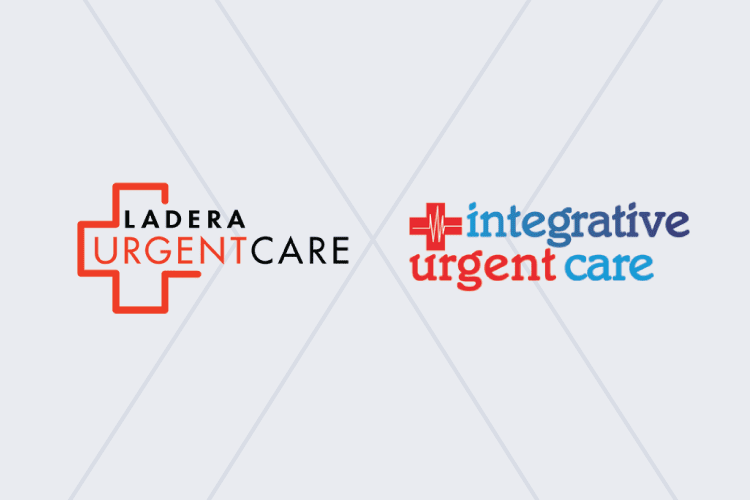 Two urgent care logos side by side: "Ladera Urgent Care" with a red cross, and "Integrative Urgent Care" with a red and blue text plus a heartbeat symbol.
