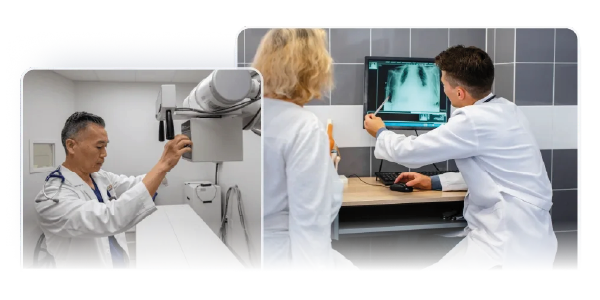 A doctor prepares an X-ray machine; in the adjacent image, two doctors review a chest X-ray on a computer screen.