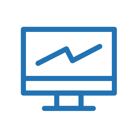 Blue icon of a computer monitor displaying a rising line graph on a light gray background.