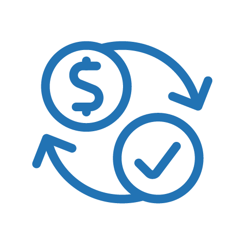Blue icon with a dollar sign inside a circle and a checkmark in another circle, connected by two curved arrows forming a loop.