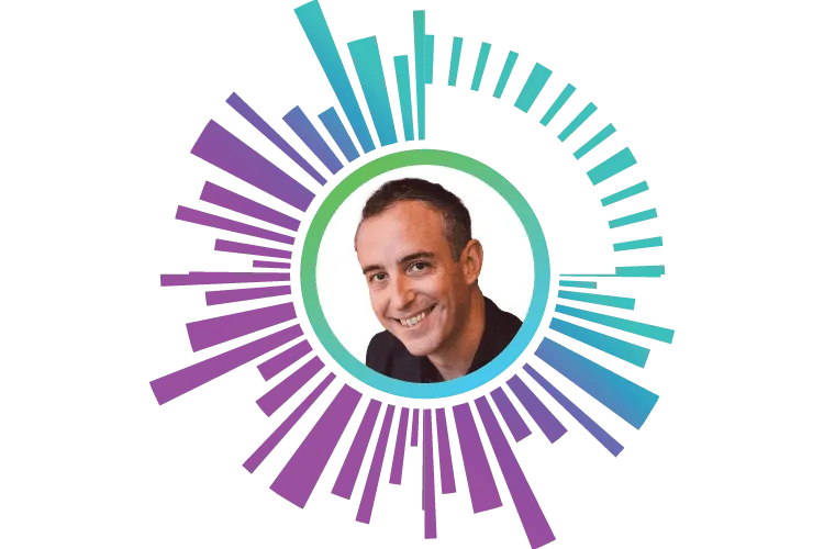 A man smiling in a circular frame, surrounded by a colorful, radiating bar graph on a black background.