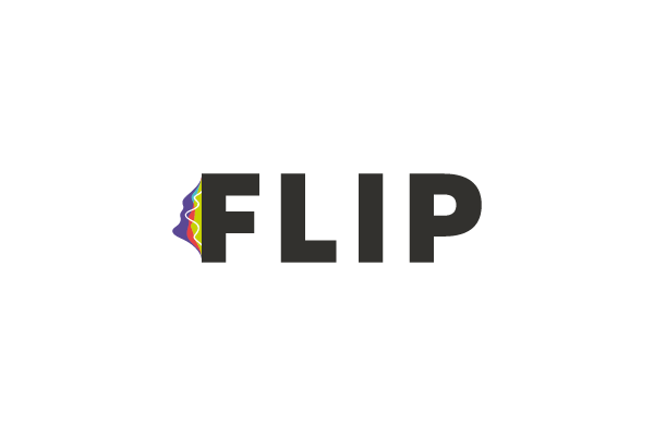 The word "FLIP" in bold black letters with multicolored overlapping side profiles of a human face forming the left side of the letter F.