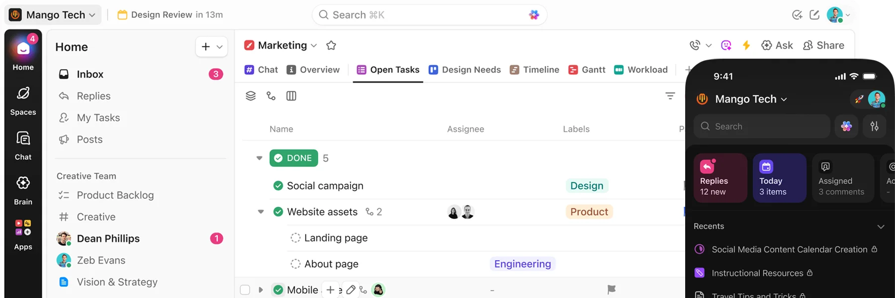 A project management dashboard is displayed on a desktop and mobile device, showing tasks, assignments, and status updates in a workspace labeled "Mango Tech".