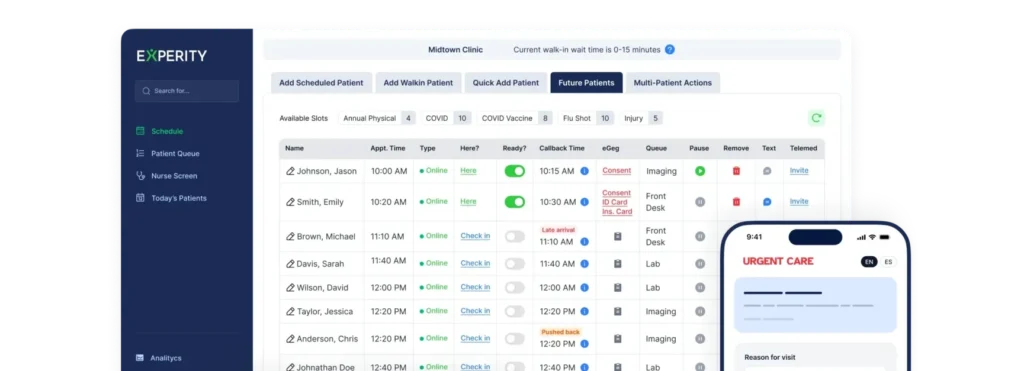 A medical clinic dashboard displays a patient schedule with names, appointment times, visit types, and location statuses, alongside a mobile urgent care interface.