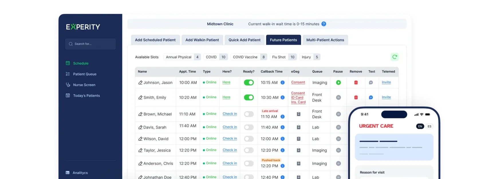 A medical clinic dashboard displays a patient schedule with names, appointment times, visit types, and location statuses, alongside a mobile urgent care interface.