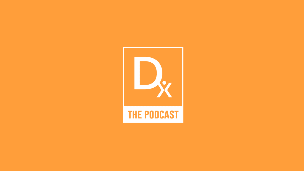 Orange background with a white outlined box containing "Dx" and a small human figure, with "THE PODCAST" written below in a white rectangular bar.
