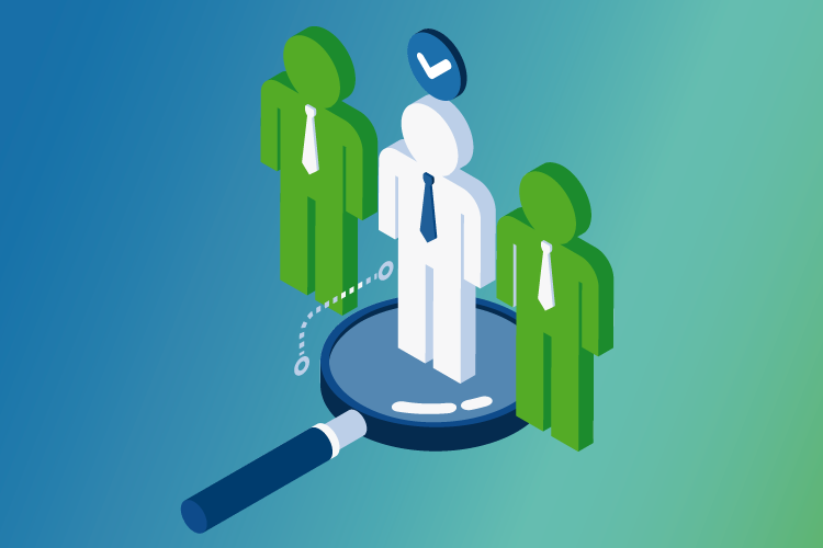 Illustration of three figures in business attire, with one standing on a magnifying glass and a checkmark above, representing selection or recruitment.