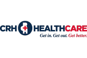 CRH HealthCare logo featuring a white medical cross inside a stylized blue circle with a red plus sign, and the slogan “Get in. Get out. Get better.”.