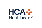 HCA Healthcare logo with "HCA Healthcare" text in blue and an orange cross-like symbol to the right of "HCA" on a light gray background.