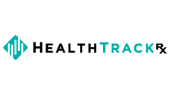 HealthTrackRx logo featuring a turquoise and white icon next to the words "HealthTrackRx" in black and turquoise text on a light gray background.