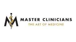 Logo for Master Clinicians with the text "Master Clinicians: The Art of Medicine" and a stylized medical caduceus integrated into the letter "M.